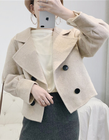 阿尔巴卡羊驼绒大衣女2018新款韩版时尚短款双面呢羊绒羊毛外套潮