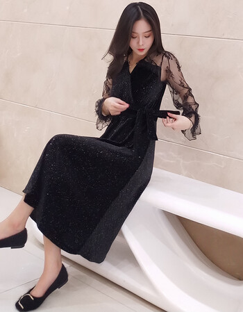 连衣裙2019春蕾丝性感雷丝打底衫复古裙女收腰打底裙子v领金丝绒秋冬