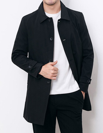 bgxn风衣男外套男秋冬时尚中长款单排扣外套男简约修身翻领欧美大衣男