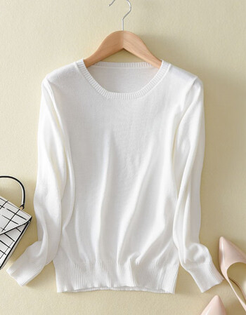 款毛衣低领羊绒衫女春秋圆领羊毛衫薄款针织衫纯色打底修身上衣 白色