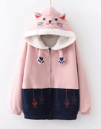 猫咪动漫卫衣二次元衣服秋冬日系可爱猫咪长袖加绒外套女装 粉红色