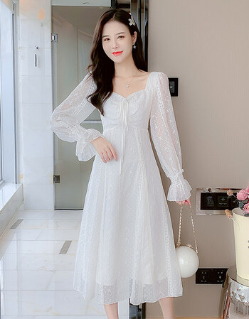 白色抽绳连衣裙飘逸女神范法式雪纺温柔风灯笼袖方领休闲 白色 s