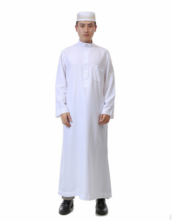 阿拉伯男士长袍穆斯林新款男装迪拜清真寺礼拜服饰水洗绒回族白袍