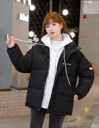 羽绒服女初中生短款羽绒服女学生可爱棉宽松冬季韩版加厚面包服黑色m