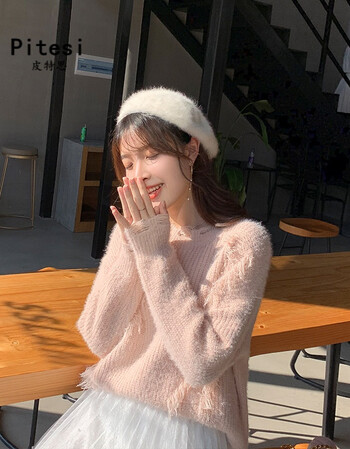 针织毛衣女2018新款秋冬宽松套头慵懒风马海毛洞洞镂空毛线衣 浅粉色