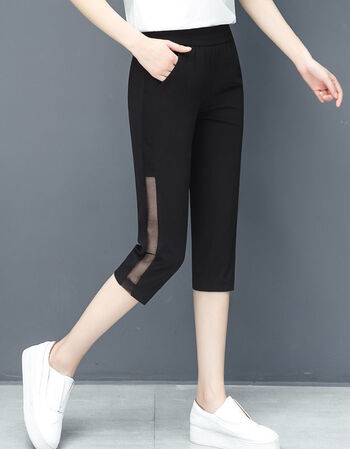 2021新款七分裤女宽松过膝裤网纱运动裤夏休闲裤高腰百搭中裤大码黑色