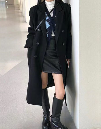 乎伊黑色毛呢外套女中长款冬季韩版新款赫本风感加厚过膝呢子大衣黑色
