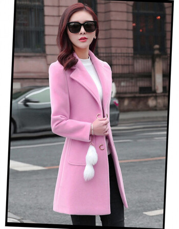 毛呢外套女中长款春秋新款洋气女装修身显瘦呢子大衣 粉色【无挂件】