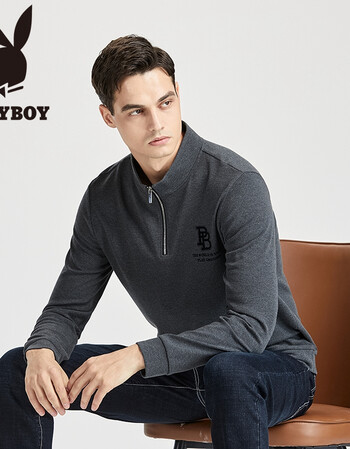 花花公子2021冬季新款男士套头卫衣立领拉链商务休闲设计感上衣男黑色