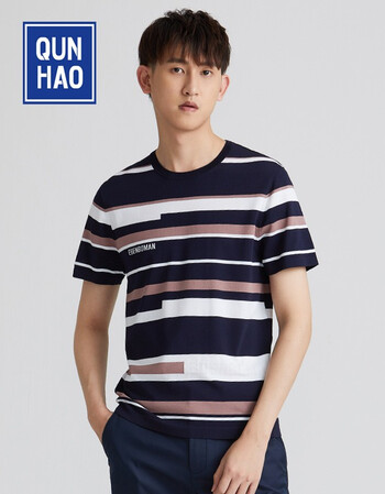 群豪男装夏季新款短袖针织衫男士时尚休闲线衫圆领条纹半袖t恤a11627y