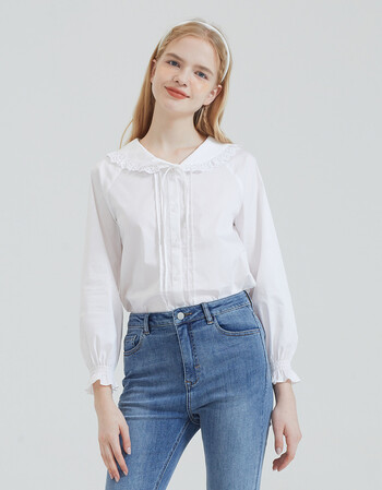 eland衣恋2021秋季新款时尚甜美气质娃娃领宽松白色长袖衬衫女象牙白