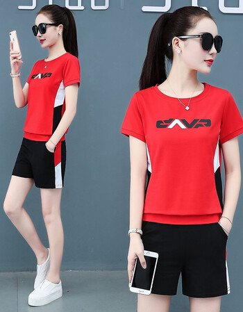夏季春夏秋款时尚两件装跑步服瑜伽服篮球服红色短袖七分裤m80100斤
