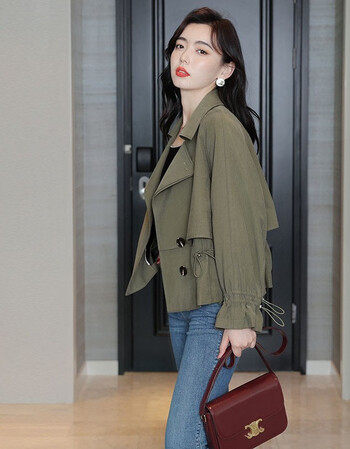 alchimieforever女装风衣女春秋新品短款宽松休闲百搭外套森林绿s