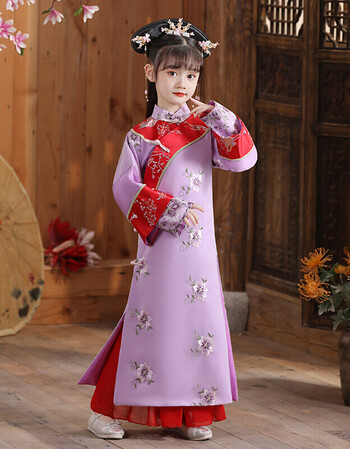 族古代服装还珠格格宫女清朝旗服宫廷服饰古装演出紫色不含旗头100cm