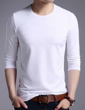 长袖t恤男人加绒加厚打底衫青年韩版修身卫衣长t薄款纯色白m80100斤