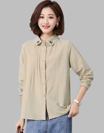 纯棉衬衫女长袖2021新款春秋宽松刺绣上衣休闲百搭衬衣女洋气内搭米色