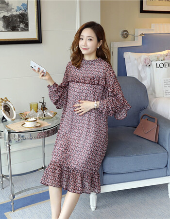 2019春秋薄款 孕妇连衣裙春秋装2019新款时尚雪纺花色荷叶边中长款孕