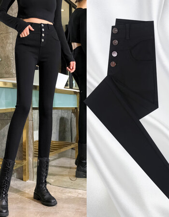 朵粉儿高腰排扣打底裤女外穿2021春秋季新款大码胖mm黑色显瘦高弹力