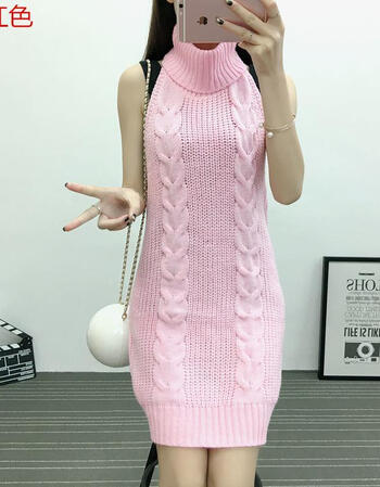 oiuo性感大露背毛衣漏背毛衣秋冬漏背高领无袖针织团子少女粉红色m