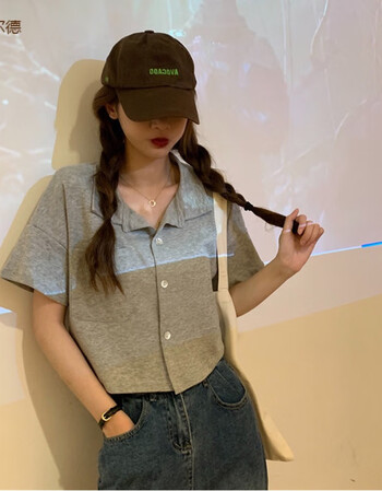 女小清新宽松印花短款2021新款韩版ins潮原宿风设计感露脐上衣灰色m