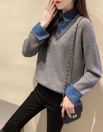 倪诗芸秋季衬衫衬衣女长袖上衣假两件拼接牛仔衬衫领毛衣女士时尚针织