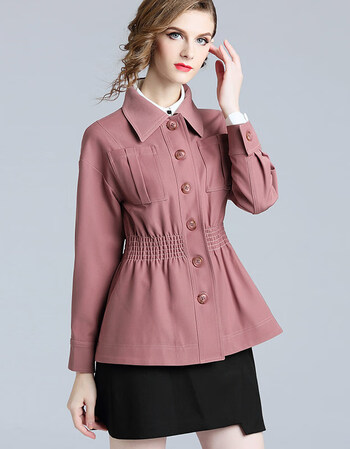 2018秋季新款女装纯色收腰百搭小个子单风衣薄款短款外套 烟粉色 xl