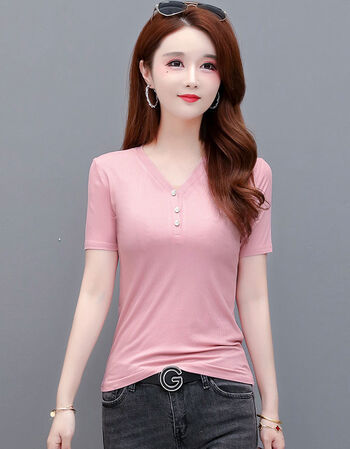 女装t恤新款夏季宽松大码冰丝莫代尔螺纹短袖t恤女纽扣v领显瘦半袖