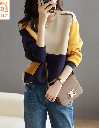 轩薇奴洋气减龄圆领卫衣女2021秋季新款女装韩版时尚宽松显瘦拼色长袖