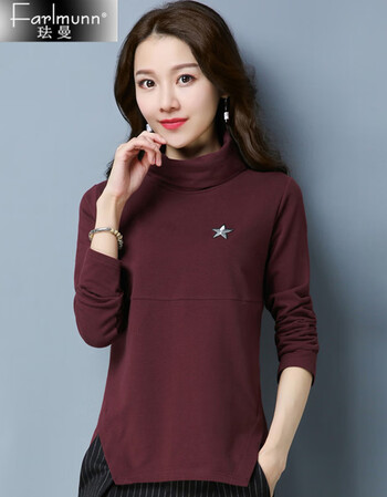 忆秀2018秋装新款长袖高领打底衫女棉t恤韩版纯色时尚开叉下摆 酒红色