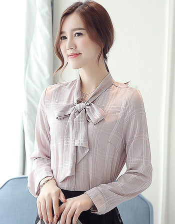 衫衣女士衬衫2019春装新款韩版女装长袖衬衣蝴蝶结系带格子雪纺衫上衣