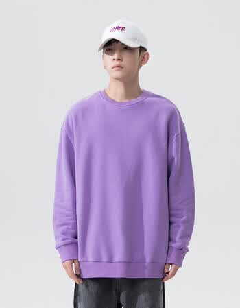 宝明圆领卫衣男秋季潮流百搭宽松上衣服质感纯色无帽长袖紫色2xl