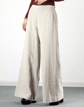 布琳达2022春秋新款棉麻阔腿裤女轻奢气质亚麻提花休闲女裤后松紧腰