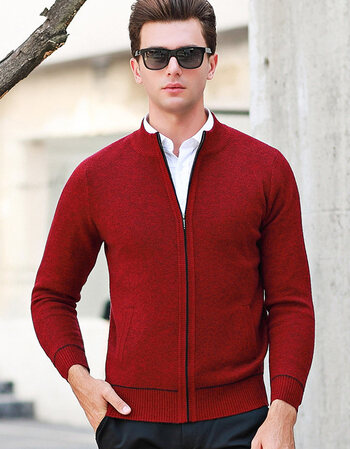 男韩版修身羊毛拉链开衫男士中青年加厚羊毛衫立领色外套 8118红色