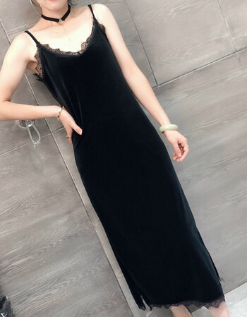 复古吊带背心裙黑色前后双v领调节连衣裙加长款女 黑色 m