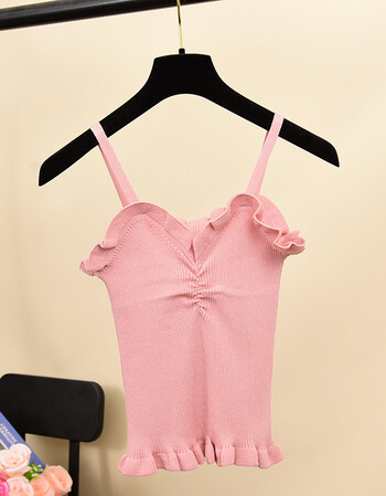 2018款 唯美温柔多色修身木耳边百搭短款小吊带背心女 粉色 均码