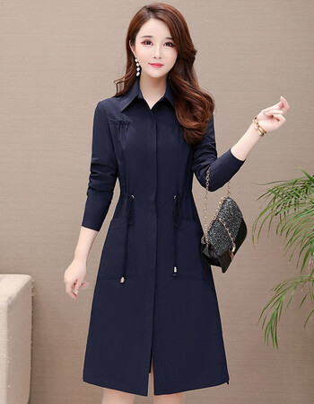 时尚风衣外套女中长款过膝2021秋装新款修身气质优雅翻领大衣兰色xxl