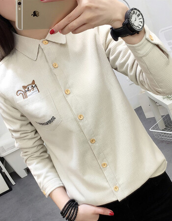 韩版韩范百搭学生带绒秋冬季衬衣小衫打底衫保暖上衣女生乐卉猫咪米白