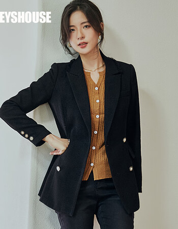 roeyshouse罗衣气质小香风粗花呢西装外套女21年秋冬新款黑色修身西服