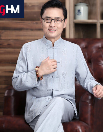 中年男秋季棉麻长袖老年人汉服舒适爸爸秋季古装i16灰色福字长袖套装