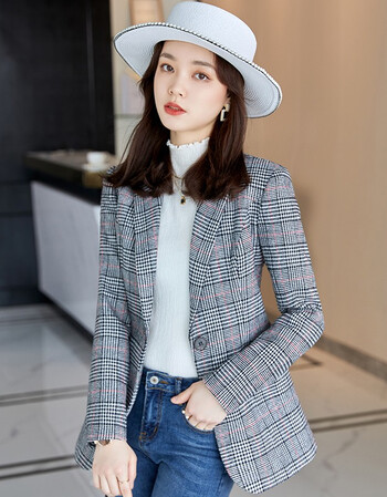 普妮姿格子西装外套女春秋新款时尚气质网红休闲复古小个子西服上衣