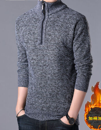 高品质拉链款针织衫男冬装男式毛衣加绒加绒半高领拉链款毛线衣男士