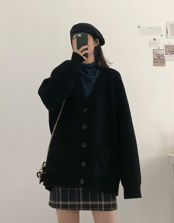 浪莎2021新款温柔v领黑色毛衣女加厚中长款复古开衫针织外套秋冬季