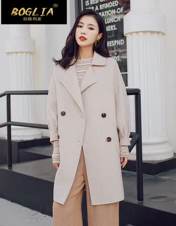 boglia轻奢品牌女装双面羊绒大衣女短款百搭宽松西装领呢休闲外套女