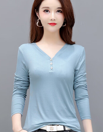 长袖v字领女衫春秋薄款t恤女装秋季宽松大码打底衫宽松休闲色上衣雾霾