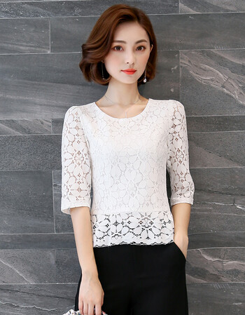 上衣女夏季短袖2019新款短款勾花镂空打底衫显瘦收腰小衫 白色蕾丝 m