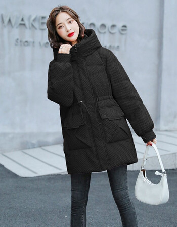 女款棉服中款冬季新款宽松时尚菱形格棉衣韩版连帽外套小个子收腰显瘦