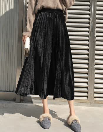 百褶裙半身裙秋冬季女2021新款a字丝绒裙子长裙高腰中长款黑色m95105