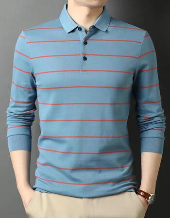 休闲翻领条纹春秋装带领青年有领体恤菠萝衫青年男士秋衣打底衫乐卉