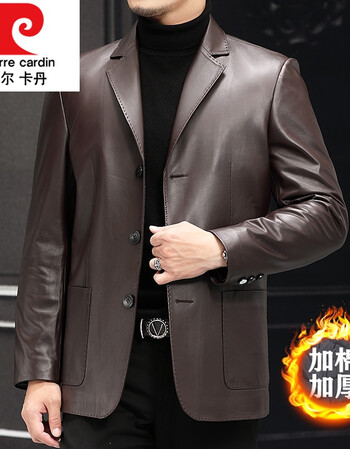 皮尔卡丹海宁真皮皮衣男中年春秋款绵羊皮西装真皮西服爸爸真皮外套