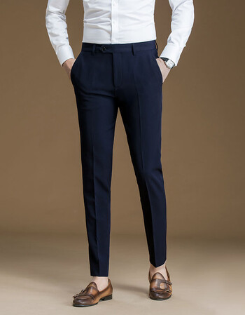 powo西裤男商务修身秋季藏青色西服裤韩版休闲免烫坠感小脚男士西装裤